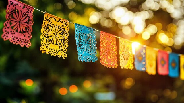 Vibrant Papel Picado Banner at Sunset