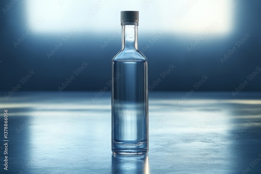 Poster sleek vodka bottle is set against a softly lit backdrop, emphasizing its modern design and clear con