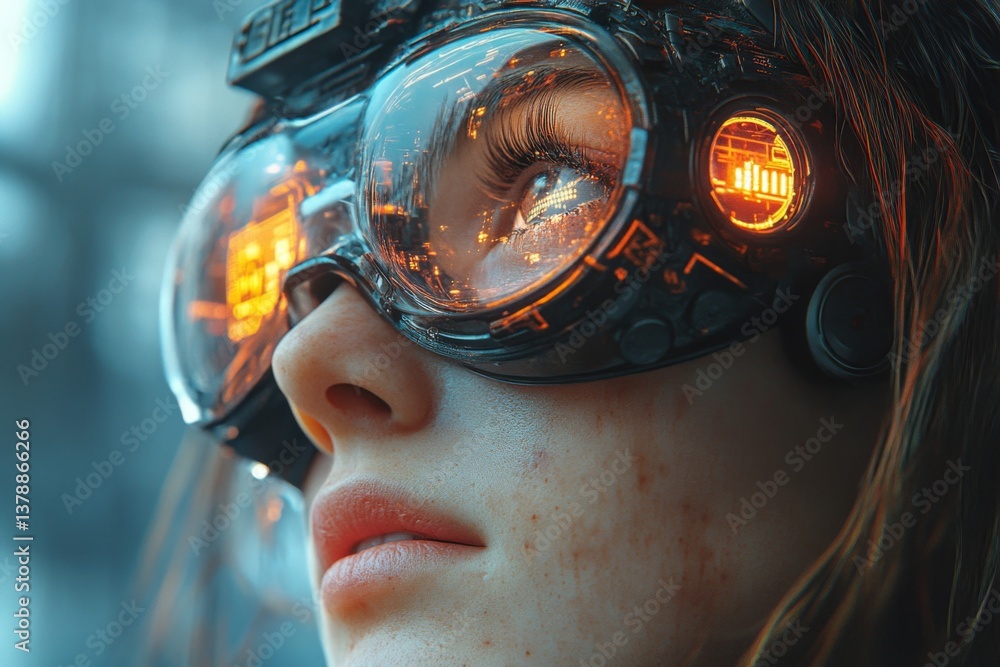 Poster a close-up view features a person wearing high-tech goggles that illuminate with digital graphics. t