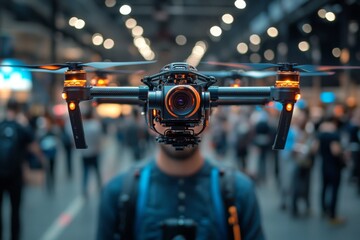 A person stands in a crowded exhibition hall showcasing advanced drone technology and innovative designs, highlighting the growing interest in aerial devices Generative AI