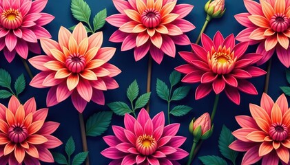 Fototapeta premium Intricate dahlia blooms, vibrant hues, repeating pattern, textile, texture