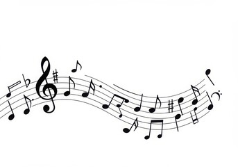 Musical notes flowing across five lines on a white background creating a melodic composition on transparent background