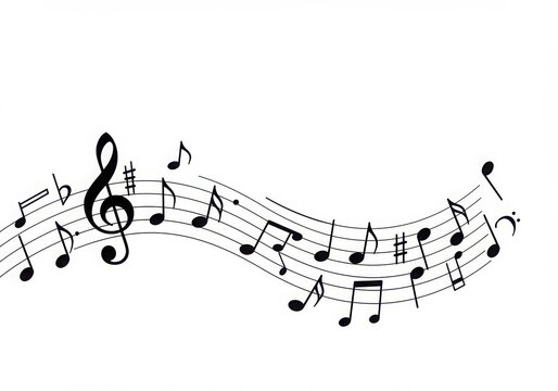Musical notes flowing across five lines on a white background creating a melodic composition on transparent background