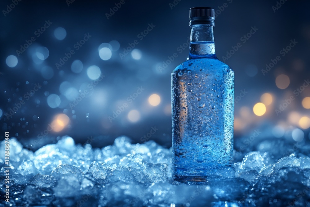 Poster a bottle sits on crushed ice, droplets of condensation forming on its surface, illuminated by soft b