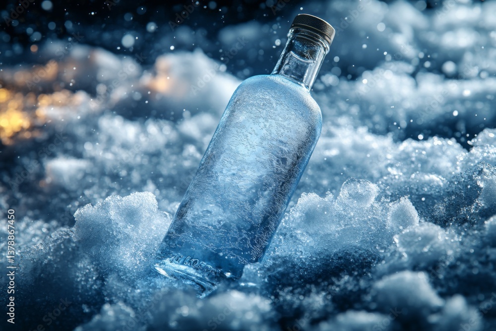 Poster a clear bottle stands upright on a bed of crushed ice, with condensation glimmering under soft light