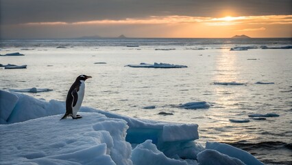 Penguin on a tiny ice fragment, endless ocean horizon.