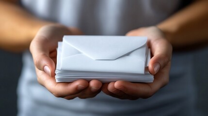 Hands presenting a stack of fresh white envelopes for communication needs
