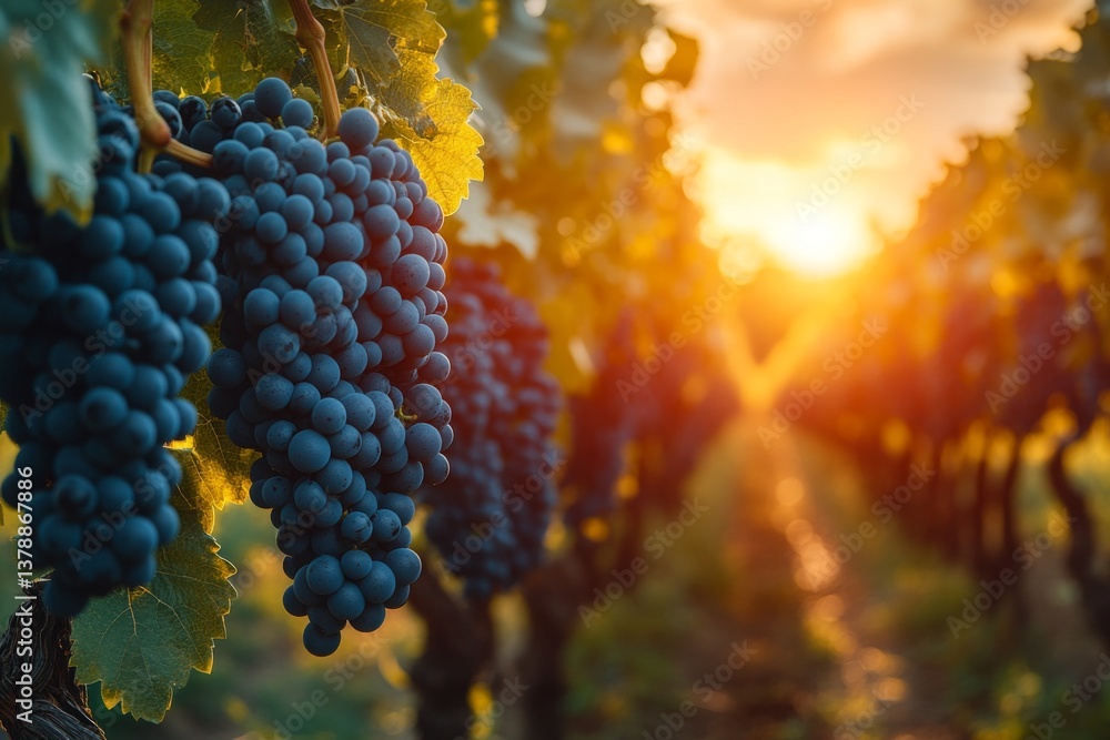 Poster lush grapevine rows are illuminated by the warm glow of the setting sun, showcasing ripe clusters of
