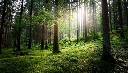 Obraz premium light in dark green forest with grass and old trees