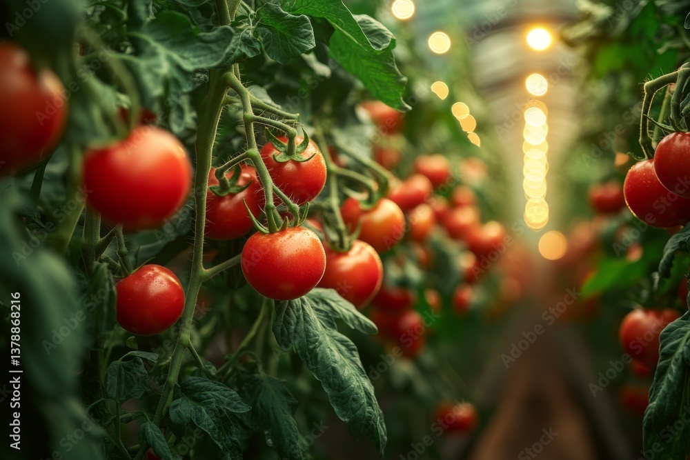 Poster ripe tomatoes hanging from lush green vines in an automated greenhouse, where high-tech systems enha