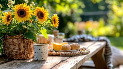 Embrace the warmth of a sunny picnic with radiant sunflowers and delectable treats This idyllic scene captures the essence of summer, inviting you to relax and savor the simple joys of life amidst