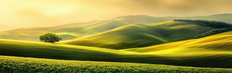 Obraz premium Rolling green hills under golden sunlight at sunset