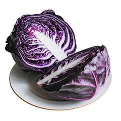 Fototapeta premium A vibrant red cabbage, halved and displayed on a pristine white plate, showcasing its rich purple hues and intricate leaf structure in soft, natural light.