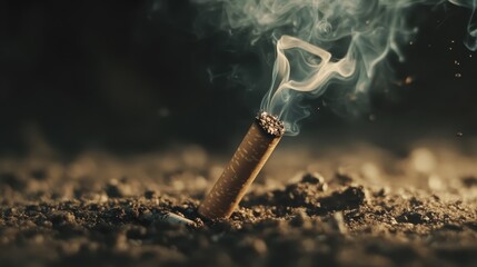 Close-up of a lit cigarette burning on ground, symbolizing addiction, danger, or a cautionary message about smoking habits and health risks.