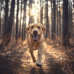 Labrador running joyfully through a wooded path
