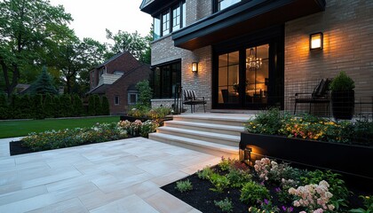 Obraz premium Luxury Home Exterior with Modern Landscaping Explore this stunning home featuring an illuminated patio, pristine lawn, and elegant architecture Discover how outdoor lighting and landscaping create