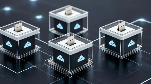 Digital voting boxes placed on a circuit board design representing modern technology in the electoral process