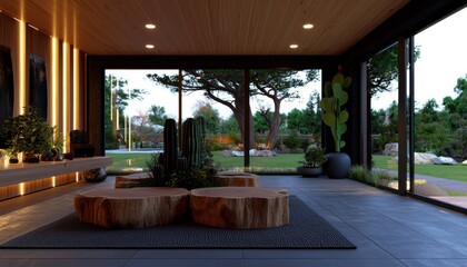 Modern Interior Design with Natural Light and Garden View Explore a serene living space seamlessly blending indoor comfort with outdoor beauty, featuring minimalist furniture and lush greenery