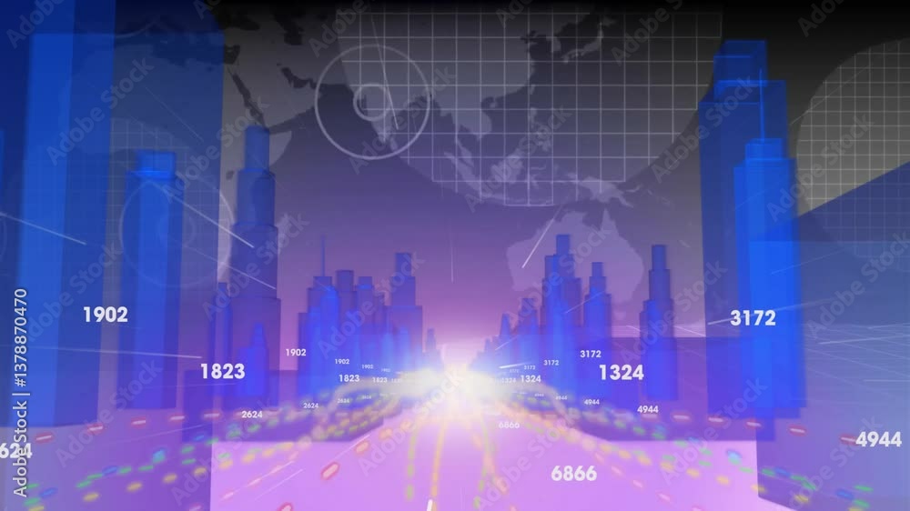 Poster digital cityscape with animation and data points overlaying futuristic world map