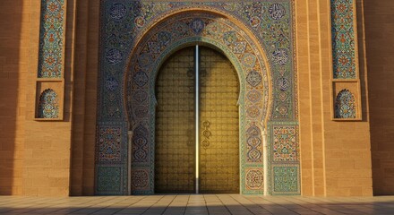 Obraz premium Ornate Moroccan Archway Entrance Golden Doors Intricate Tilework Majestic Architecture