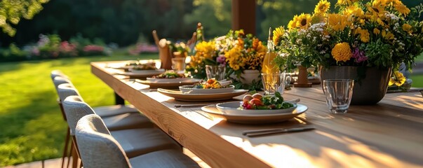 Outdoor Dining A beautifully set wooden table graces a lush green backyard, perfect for a summer gathering Elegant place settings include wooden plates, fresh salads, and shimmering glassware Vibrant