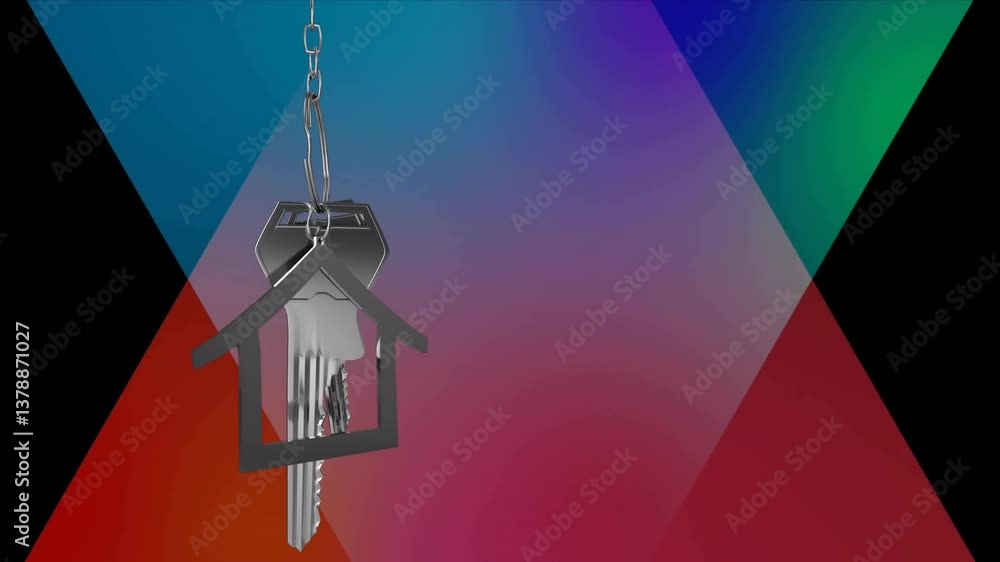 Poster house-shaped keychain with keys on colorful geometric background, creating animation
