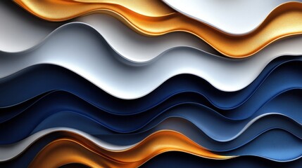 Abstract wavy layers of gold, white, and navy blue