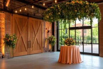 Stunning Event Venue with Rustic Charm Explore this spacious indoor setting featuring exposed brick walls, sliding barn doors, and elegant floral arrangements Perfect for weddings, corporate events