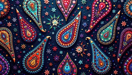 Intricate teardrop paisley motifs in rich jewel tones , surface pattern, abstract, indian