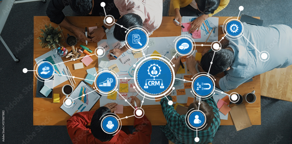 Poster collaborative business meeting with crm tools on table, brainstorming concepts and ideas for innovat