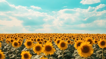 Obraz premium Golden expanse: A vibrant sunflower field meets a serene summer sky horizon view