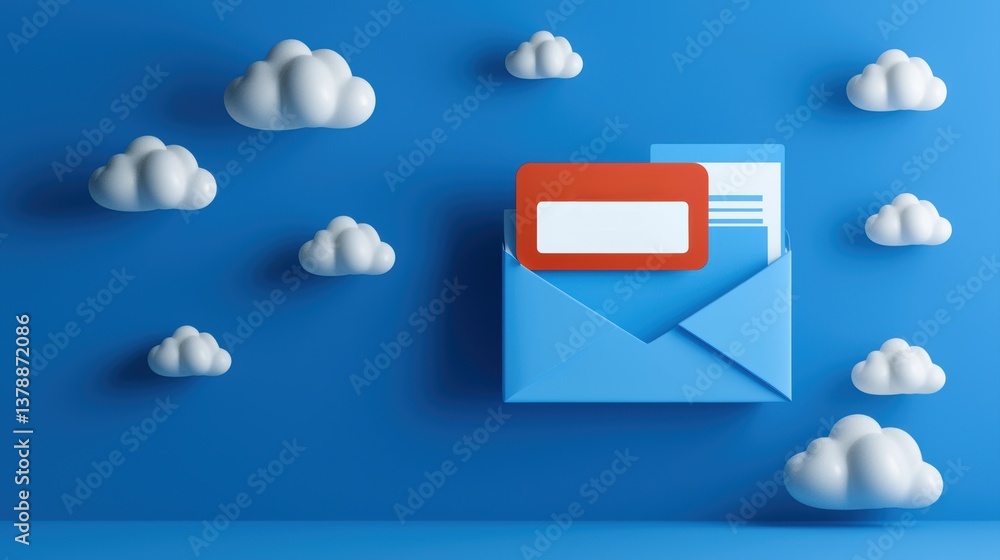 Poster a blue background features a stylized envelope with a red label and cloud-like shapes, creating a wh