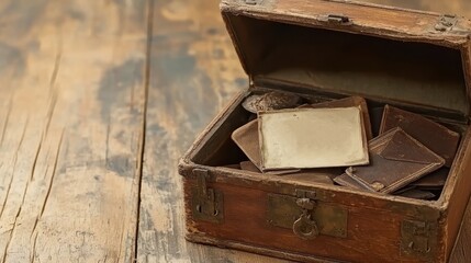 Obraz premium A rustic wooden box filled with vintage, empty photo frames and leather pouches, resting on a textured wooden surface, AI workplace