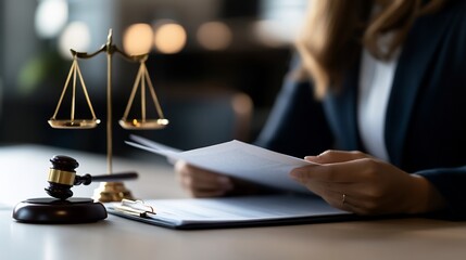 Legal Professional Reviewing Documents with Scales and Gavel at Desk