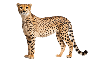 A fierce and elegant felidae, the cheetah stands tall on a stark black canvas, its sleek form exuding raw power and untamed grace as it gazes into the distance with piercing eyes and twitching whiske