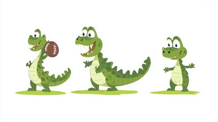 Fototapeta premium Cute Cartoon Crocodiles Playing, Three adorable cartoon crocodiles, one playing football.