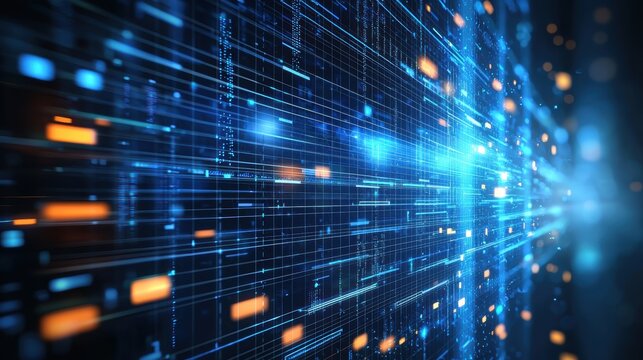 A digital abstract representation depicting streams of data in blue and orange tones, showcasing the concept of technology and connectivity, AI workplace