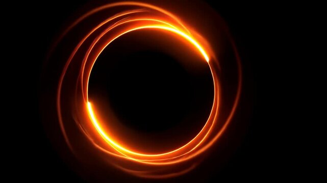 Bright orange glowing energy ring with swirling light trails in abstract style on black background, concept of portal, power or eclipse
