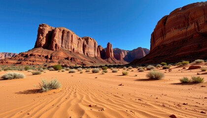 Fototapeta premium Desert Landscape Create an image of a rugged desert landscape with red rock formations and textured sand under a clear blue sky.