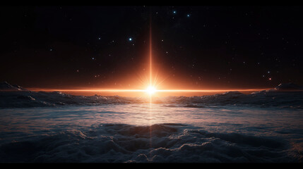 Vibrant cosmic sunrise illuminates a serene horizon above an ocean of clouds in the vast expanses of space Generative AI