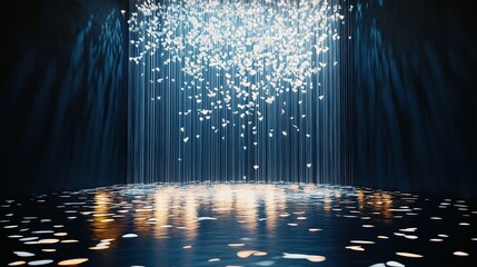 A cascading waterfall made entirely of silhouettes falling toward a reflective lake below