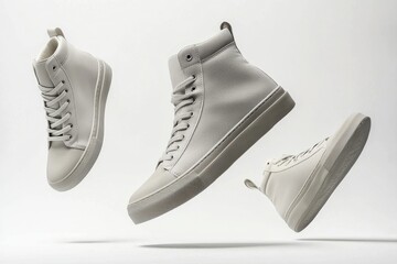 Light gray minimalist high-top sneakers mockup in 3 views
