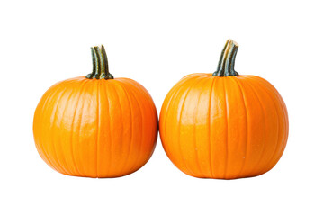 Obraz premium Two bright orange pumpkins with green stems on black background, cut out