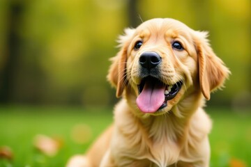 Playful golden retriever puppy looks up, tongue out , headshot, happy dog, pet