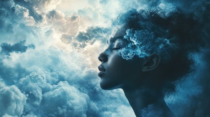 Serene Portrait of a Woman Silhouetted Against a Dramatic Sky, Evoking Peace, Reflection, and Connection with Nature, Suitable for Wellness and Spiritual Themes.