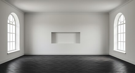 Fototapeta premium Empty room interior design, open space with dark parquet floor, classic arched windows, niche and white walls, modern architecture concept idea, 3d illustration