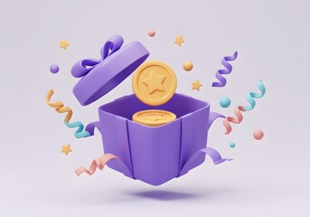 3D Open Gift Box with Gold Coins and Ribbons