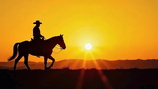 Silhouette of cowboy on horseback under vibrant sunset sky, natural lighting, mountainous horizon in background, concept of freedom and western life