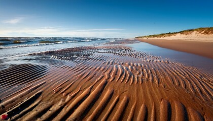 the shore of the baltic sea the bright and clean sand pushed by the waves looks like canyons the beach scenery is photographed from a low angle in close up with wide angle lens