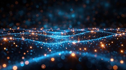 Abstract digital particles, waves, dark background,  glowing,  for technology use